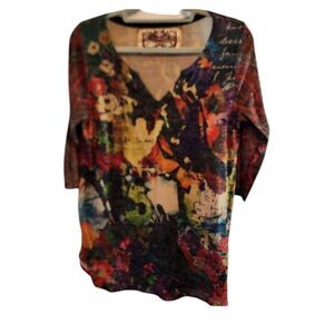 AMMA DESIGNS TUNIC TOP 3/4 SLEEVES BOLD COLORS MADE IN USA SIZE MEDIUM BOHO